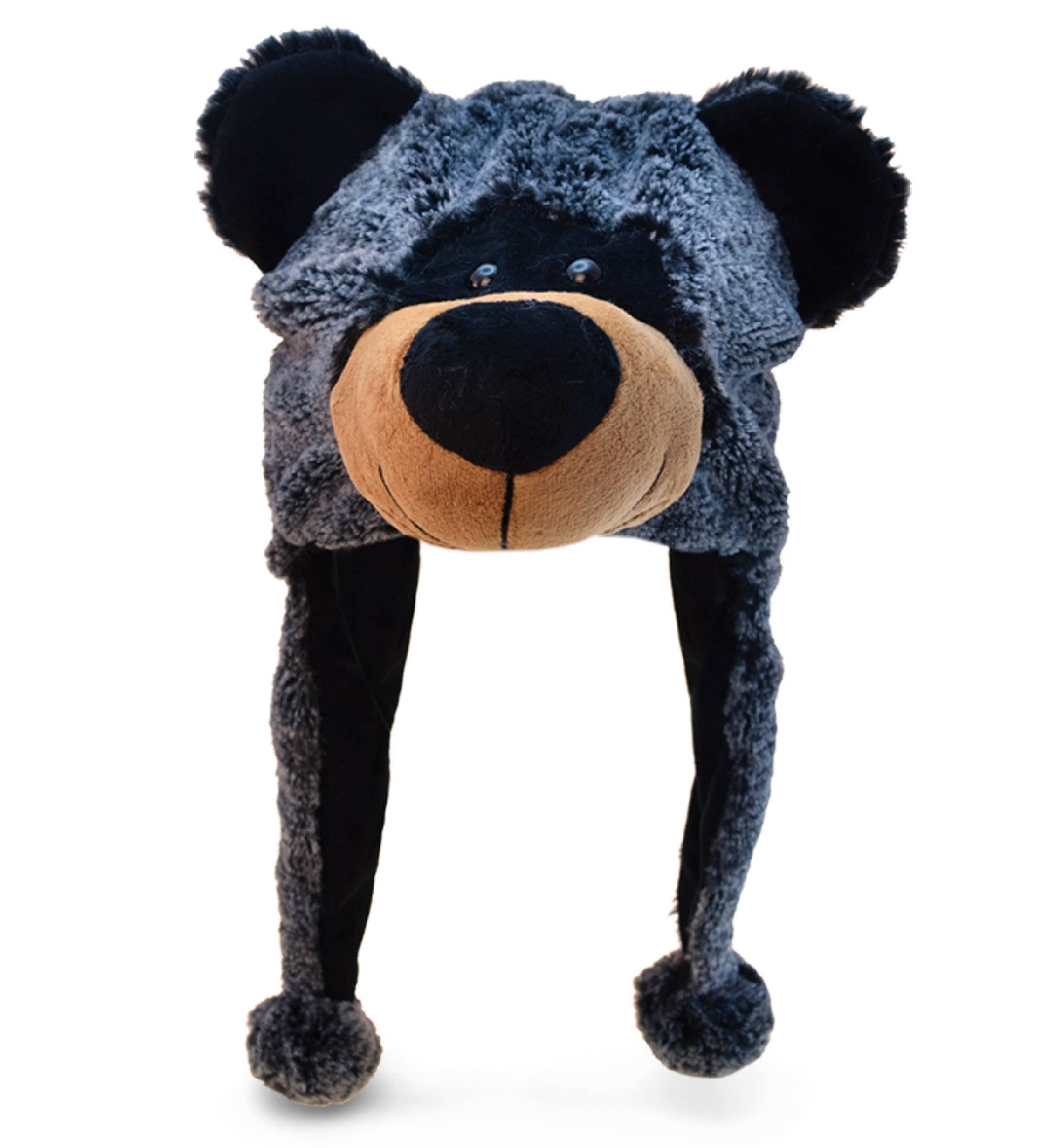 The Super-Soft Plush Black Bear Hat features black ears, a brown snout, and long ear flaps with round pom-poms for a cozy, playful look.