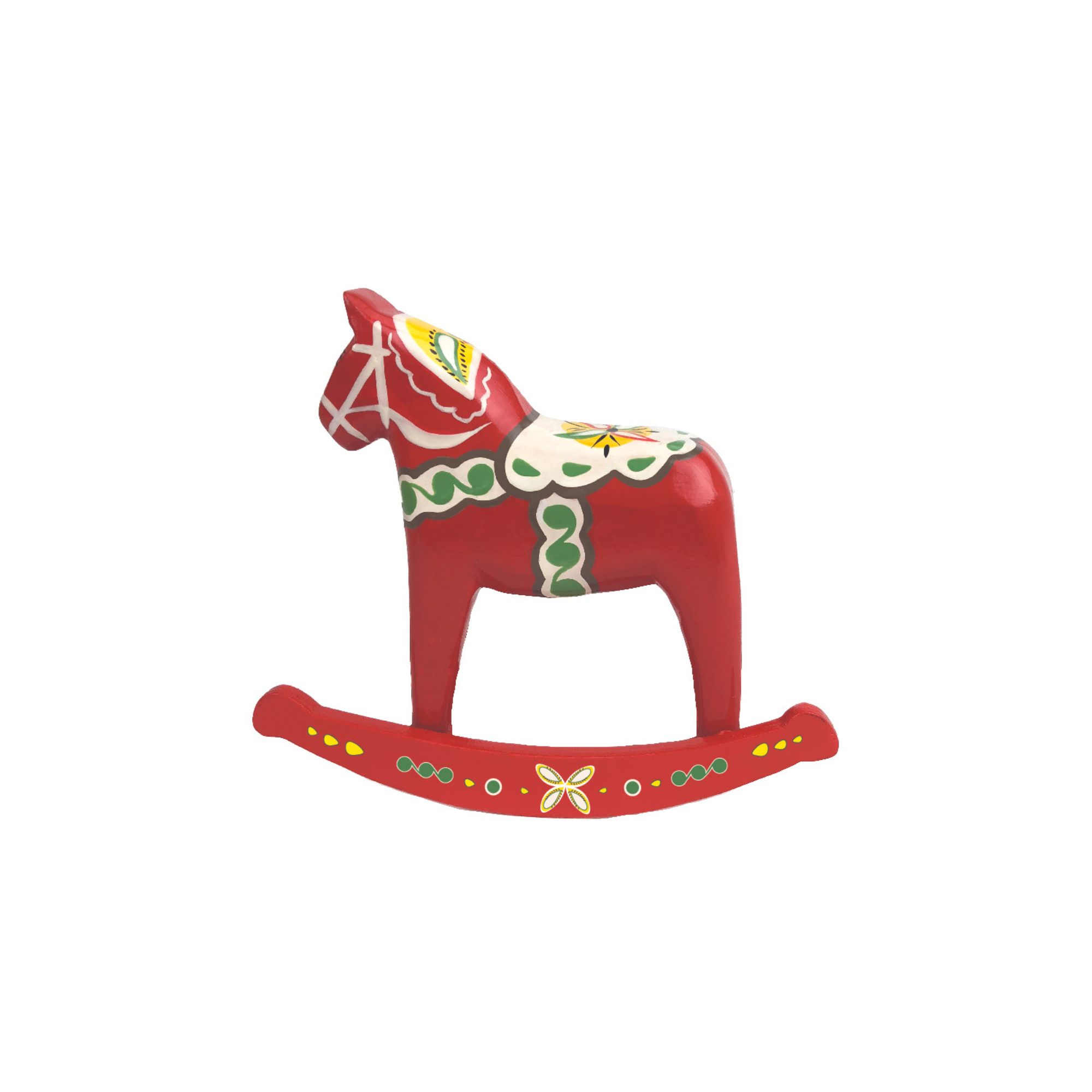 The Magnet: Dala Horse 3D Fridge Magnet or Ornament captures the charm of a small red wooden rocking horse with its painted white, yellow, and green decorative patterns, making it an ideal addition for enhancing Scandinavian decor in any setting.