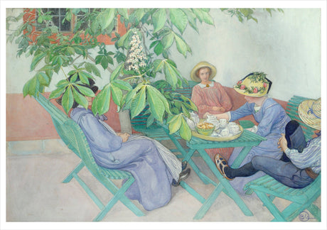 Four people enjoy tea and snacks outdoors under lush green leaves, in a scene reminiscent of Carl Larsson’s artwork, as featured on the Card: Carl Larsson - Swedish Artist - Under the Chestnut Tree Notecard.