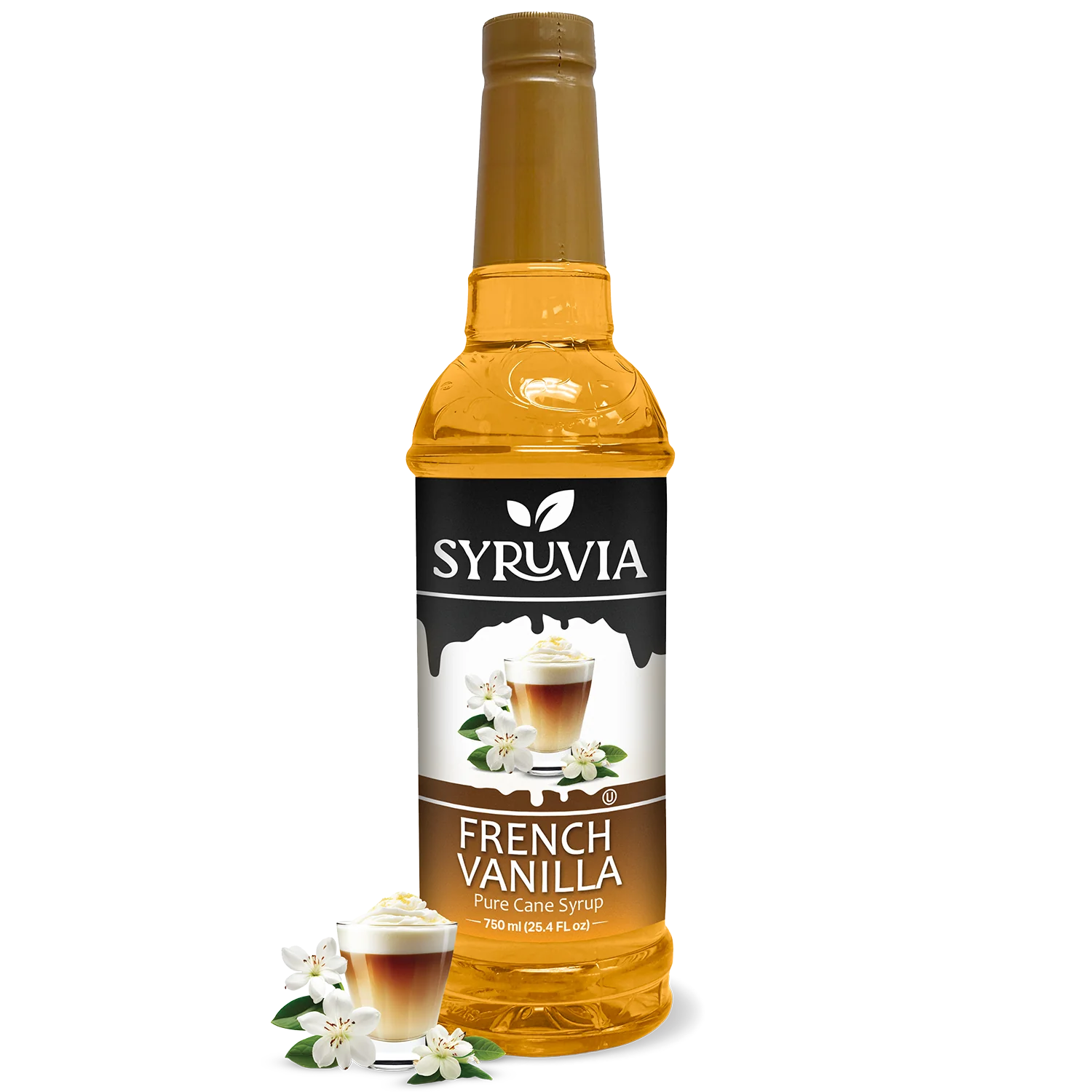 A bottle of Syruvia French Vanilla Coffee Syrup with real cane sugar, gluten-free, features a label with a coffee drink and vanilla flowers plus extra vanilla flowers at the base.
