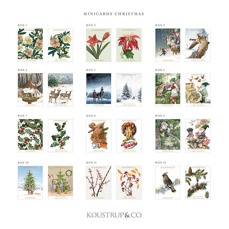 A set of 24 Christmas Jule Goat mini-cards, featuring festive art by Per O. Jørgensen and Scandinavian charm, produced by Koustrup & Co.