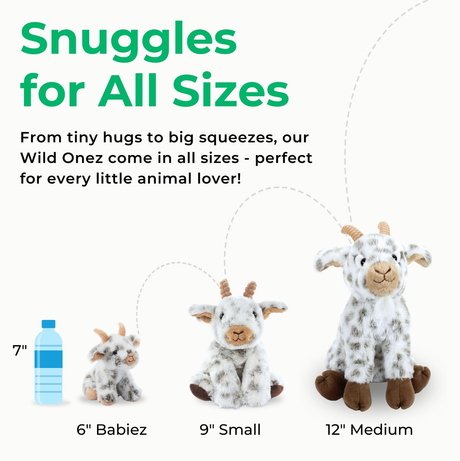Three plush toy goats in small, medium, and large sizes displayed upright beside a 7-inch water bottle for size comparison on a plain background.