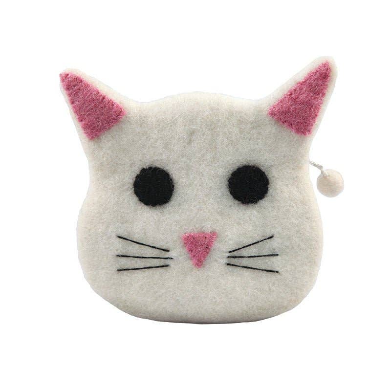The Bag: White Cat Coin Purse is a small, handmade wool felt accessory from Nepal featuring pink ears and nose, black button eyes, stitched whiskers, and photographed on a plain white background.