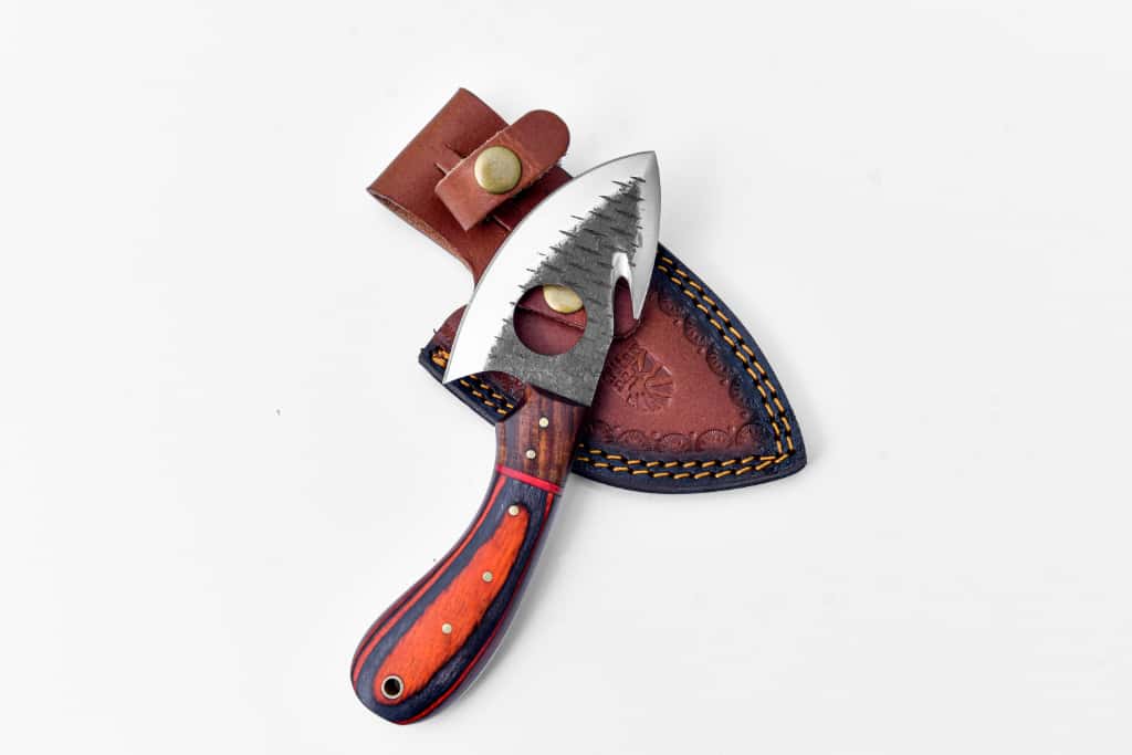 Knife: Stainless Steel Handcrafted Gut Hook Skinner Knife with Exotic Wood Handle & Leather Sheath