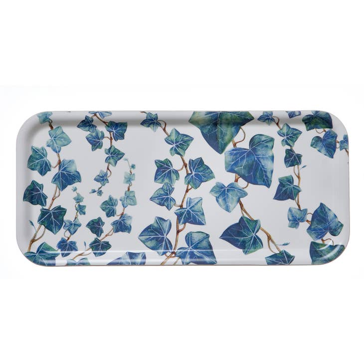 Product Name: Tray: Ivy - A rectangular Swedish-made tray featuring a white background adorned with a pattern of blue and green ivy leaves.