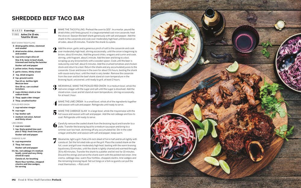 Recipe for shredded beef taco bar from *Book: Potluck* on the left page; tacos, coleslaw, and sauces beautifully arranged on a wooden table on the right page. Ideal for a modern potluck dinner, these gluten-free recipes from the book will impress your guests with every bite.