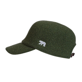 A medium gray Norlender wool baseball cap featuring a white bear logo embroidered on the front, showcasing Scandinavian craftsmanship and made in Norway.