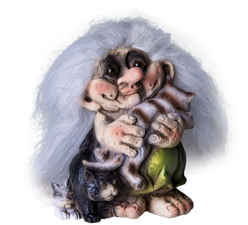 The Trolls: Troll Lady with Cats figurine (5.7" x 5" x 4") features a troll lady with wild white hair holding a brown-striped cat, while black and gray cats sit at her feet—a delightful piece for cat lovers and collectors.
