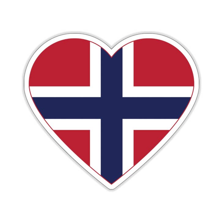 The Sticker: Norwegian Heart Flag features a heart-shaped design resembling the Norwegian flag with a blue cross outlined in white on a red background. Made from durable weather-proof vinyl, it ensures your love for Norway stands out in any weather.