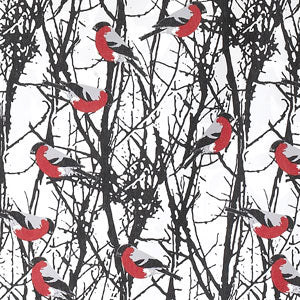 Inspired by classic Swedish style, the Tea Towel: Bullfinches in Birch Trees "Domherrar" by Almedahls of Sweden features red and gray birds on black birch branches with a white background—perfect for adding Scandinavian charm to your kitchen.