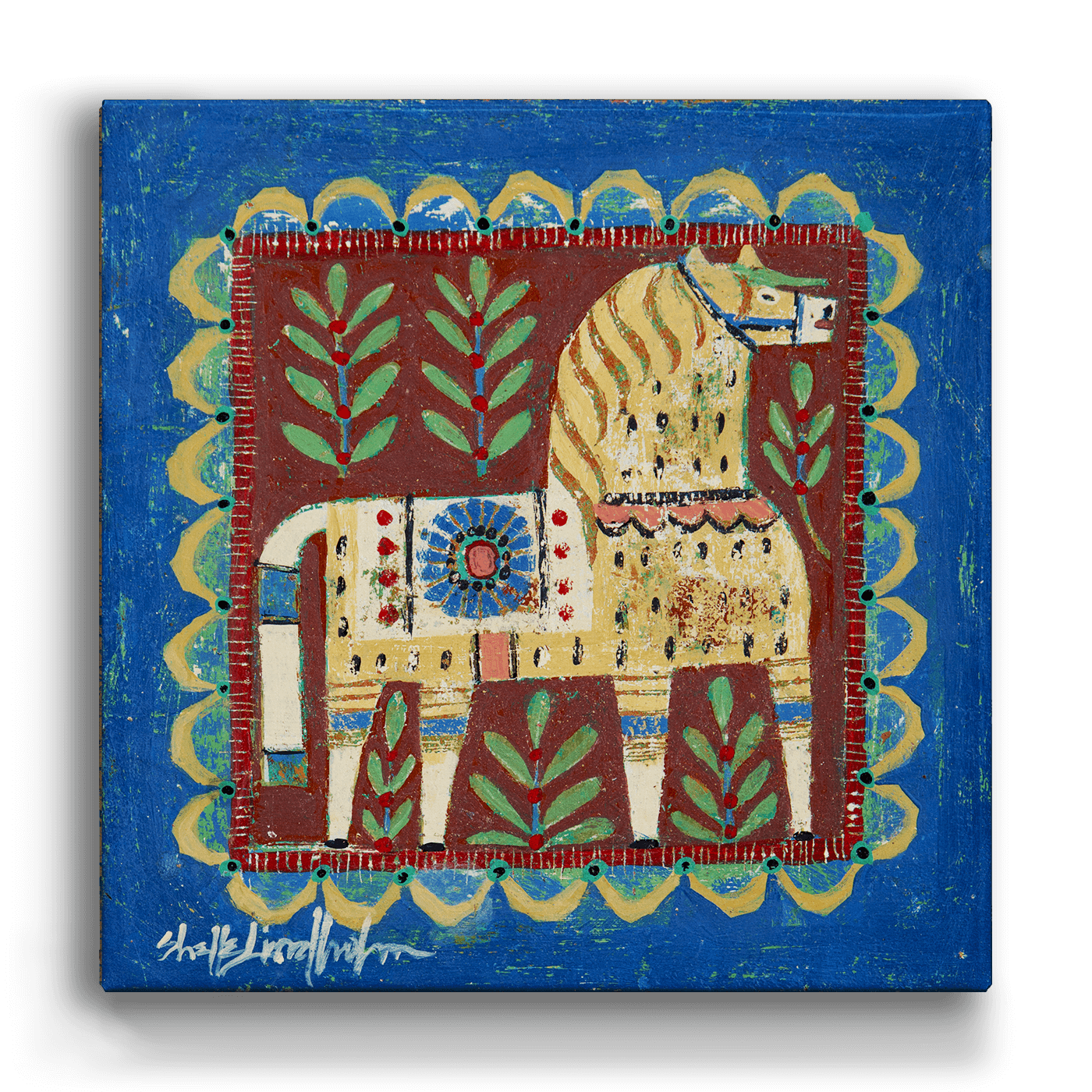 The Cream Dala Horse - Metal Box Art features a stylized antique Swedish horse in yellow with geometric and floral patterns on an aluminum 18" x 18" box, set against a blue and red background with green leaves and a scalloped border.