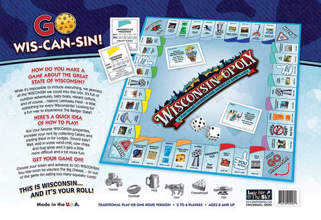 Wisconsin-Opoly board game box featuring a game board, cards, dice, and vibrant illustrations of Dairyland's landmarks.