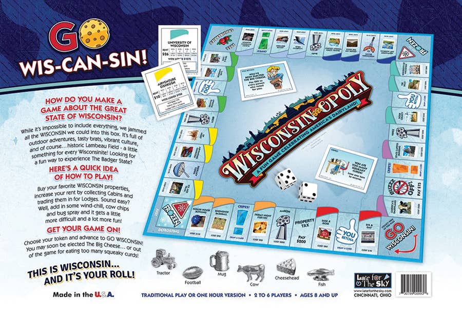 Wisconsin-Opoly board game box featuring a game board, cards, dice, and vibrant illustrations of Dairyland's landmarks.