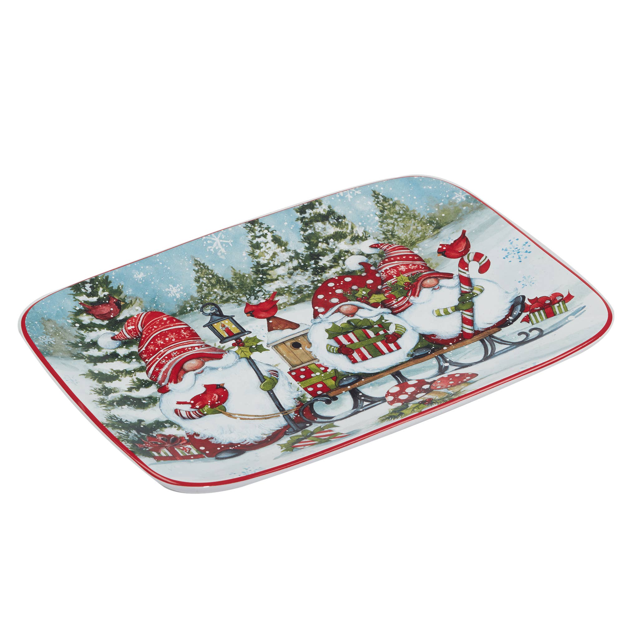 The Tray: Christmas Gnomes Rectangular Platter 14in x 10in features festive gnomes and a snowy pine tree backdrop—ideal Nordic holiday serveware for your Christmas gatherings.