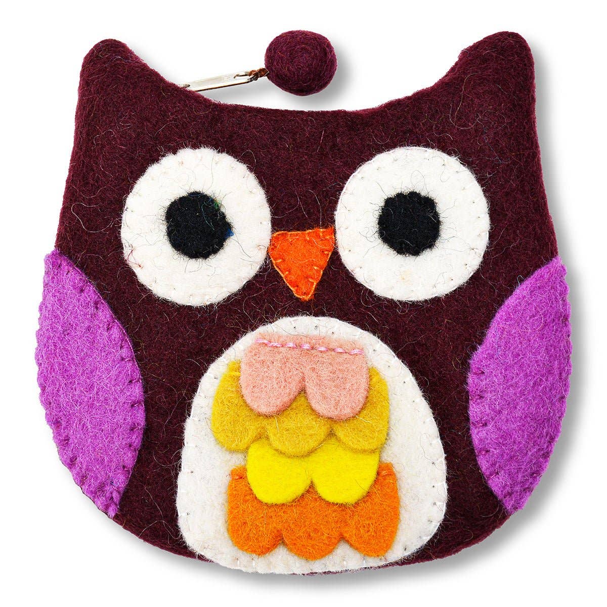 The Bag: Blue Owl with Felt Fur Design Coin Purse is a handmade wool coin purse featuring a blue owl with big white and black eyes, an orange beak, purple wings, and layered yellow and pink chest accents. Crafted in Nepal.