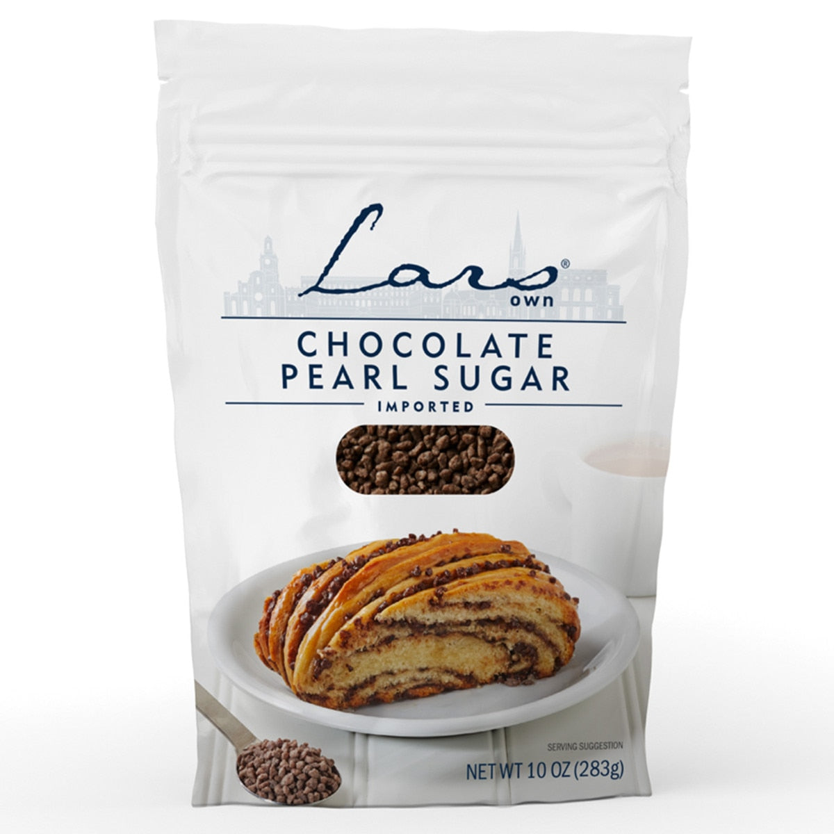 Lars Own Chocolate Pearl Sugar 10 oz combines rich cocoa mass and sugar. Made in Belgium, the package features images of chocolate pearls and a pastry on the front.