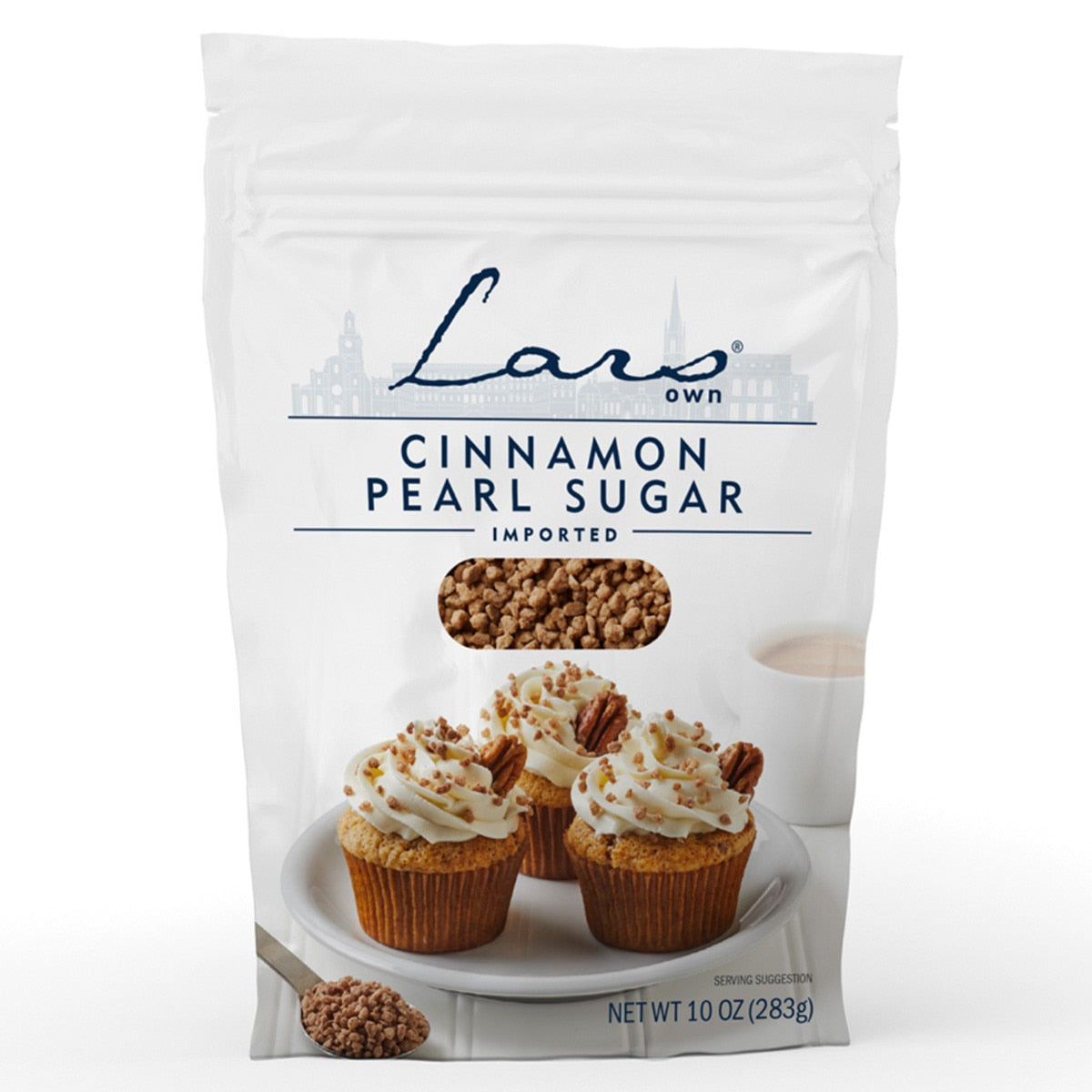 A 10oz bag of Food: Lars Own - Cinnamon Pearl Sugar, ideal for Belgian baking or spiced pastries, with a front image showing cupcakes topped with frosting and sprinkled cinnamon pearl sugar.