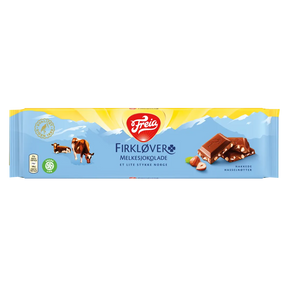 Freia Firklover – Milk Chocolate with Hazelnuts (200g) features packaging with cows, hazelnuts, and chocolate pieces against a blue and yellow background.
