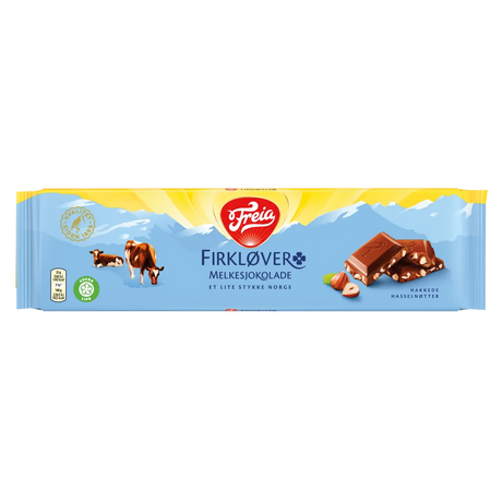 Freia Firklover – Milk Chocolate with Hazelnuts (200g) features packaging with cows, hazelnuts, and chocolate pieces against a blue and yellow background.