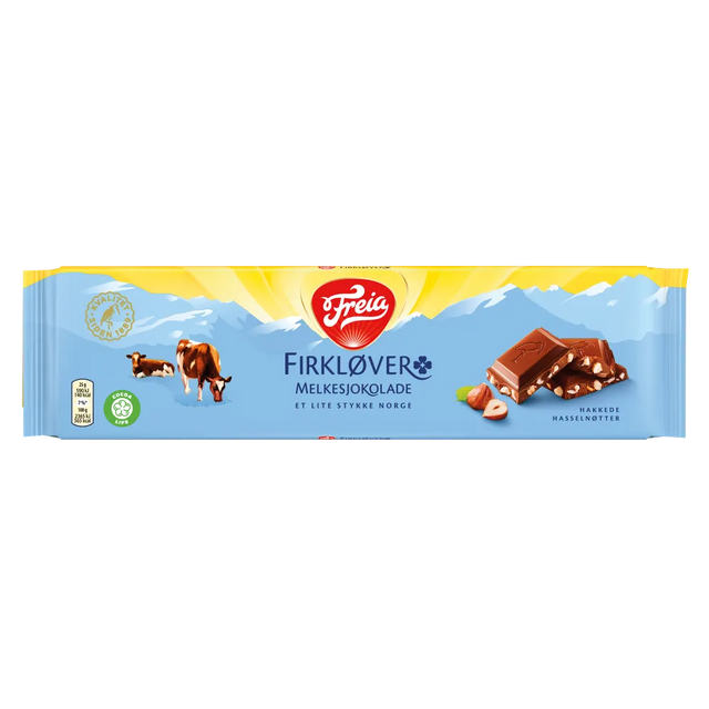 Freia Firklover – Milk Chocolate with Hazelnuts (200g) features packaging with cows, hazelnuts, and chocolate pieces against a blue and yellow background.