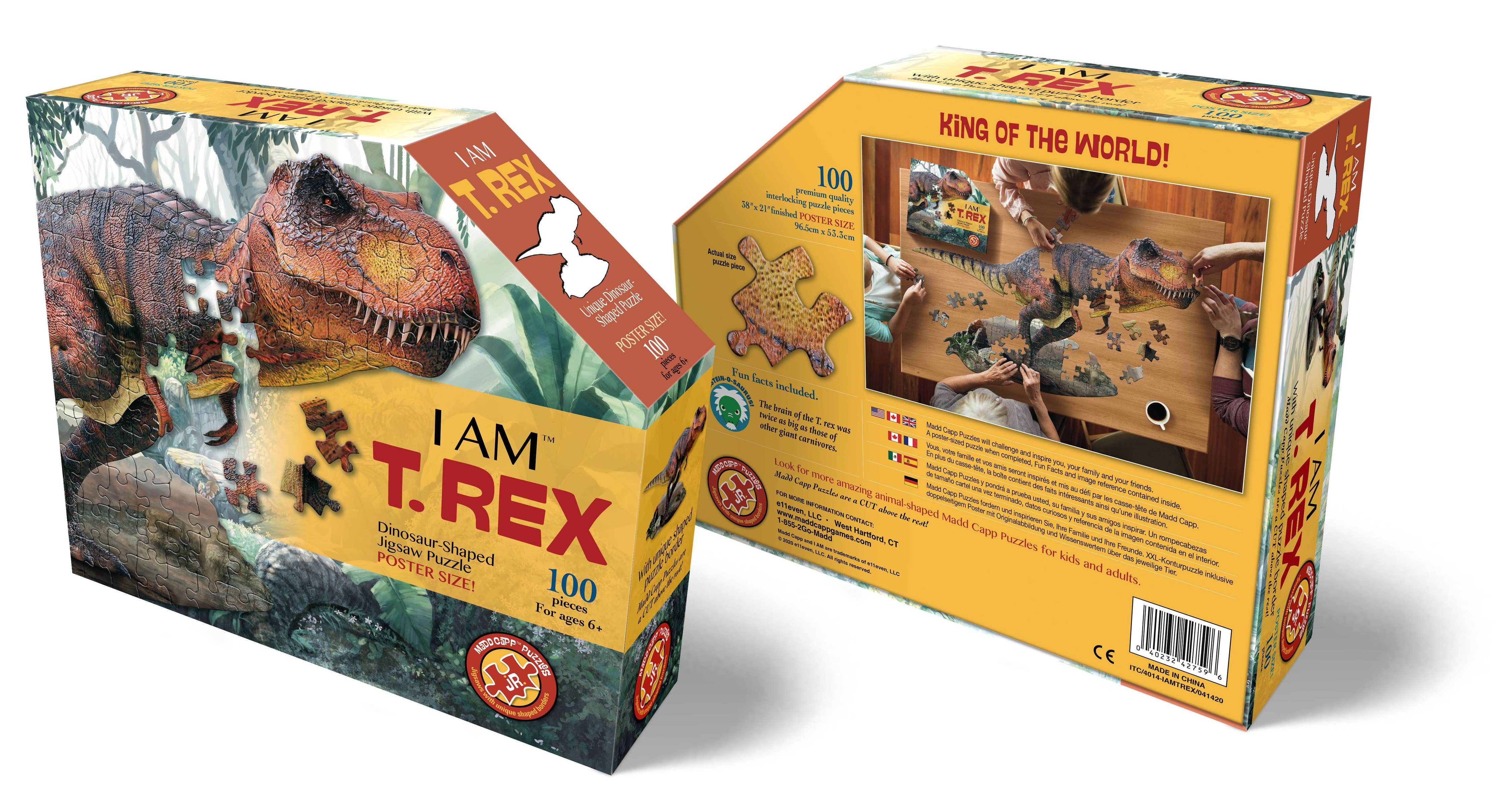 Introducing the Puzzle: I AM T. Rex 100 piece—an educational jigsaw puzzle box shaped like a T. Rex. It showcases both front and back views and includes a poster. The packaging features an engaging dinosaur image and a photo of the completed puzzle.