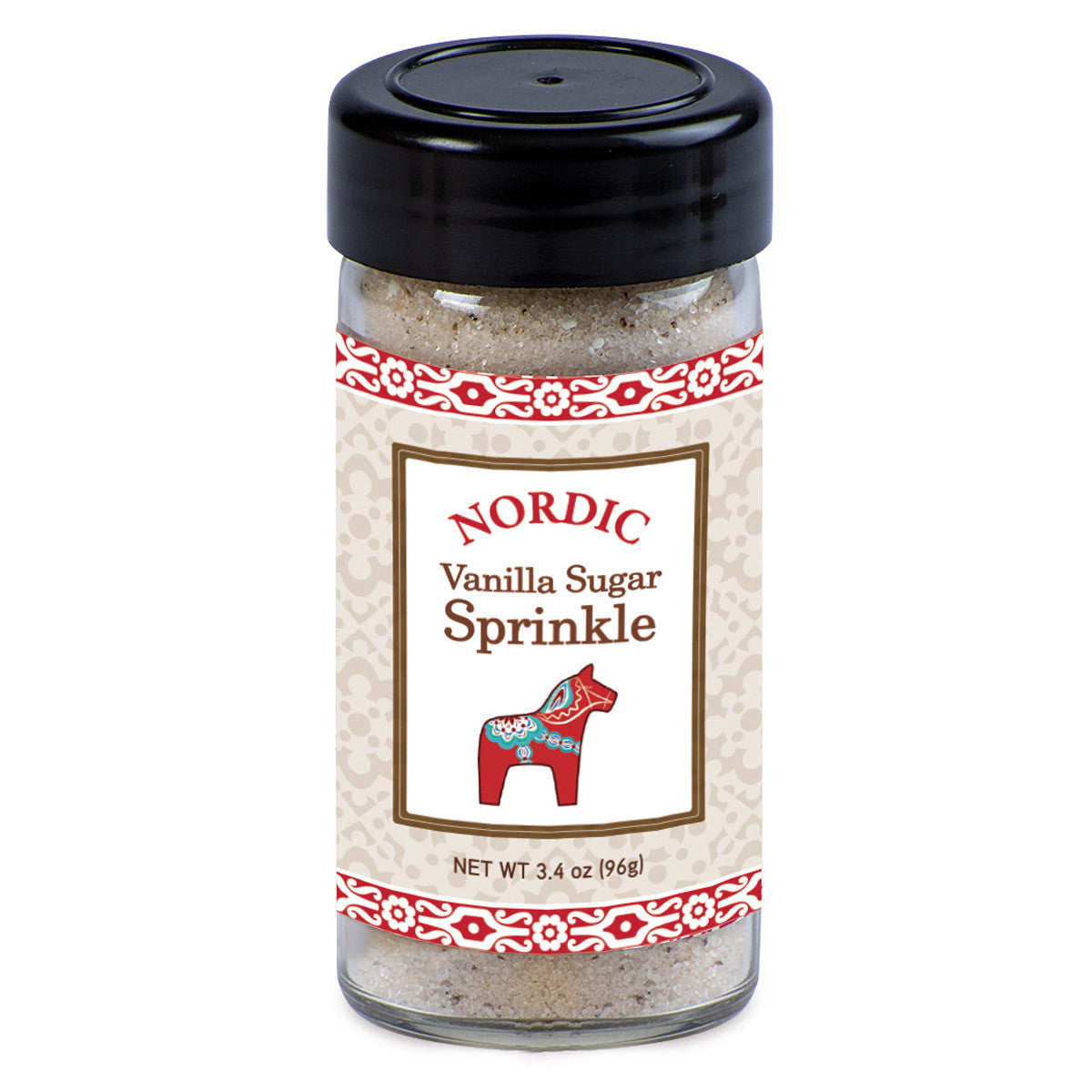 A container of Food: Nordic Vanilla Sugar Sprinkle, adorned with a decorative red horse on its label. Net weight: 3.4 oz (96 g).