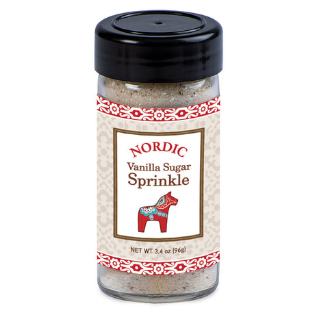 A container of Food: Nordic Vanilla Sugar Sprinkle, adorned with a decorative red horse on its label. Net weight: 3.4 oz (96 g).