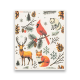 Add festive charm to your sustainable kitchen collection with the SWEDEdishcloths Dish Cloth Christmas Cardinal with Animals, featuring a whimsical repeating pattern of a cardinal bird, fox, deer, arctic fox, pinecones, branches, and berries on a crisp white background—perfect for reusable dish towels or Swedish Dishcloths.