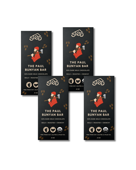 Four chocolate bars featuring a lumberjack illustration on black packaging with gold text, highlighting chocolate and maple toffee flavors.