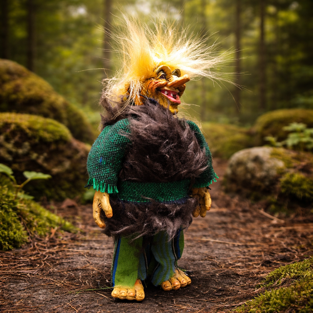 The Marketplace24 Troll: Torvald Brightbeard Scandinavian Troll Figurine, standing 8" tall with wild yellow hair, a black furry vest, and green pants, brings Nordic folklore decor to life on any shelf or tabletop.