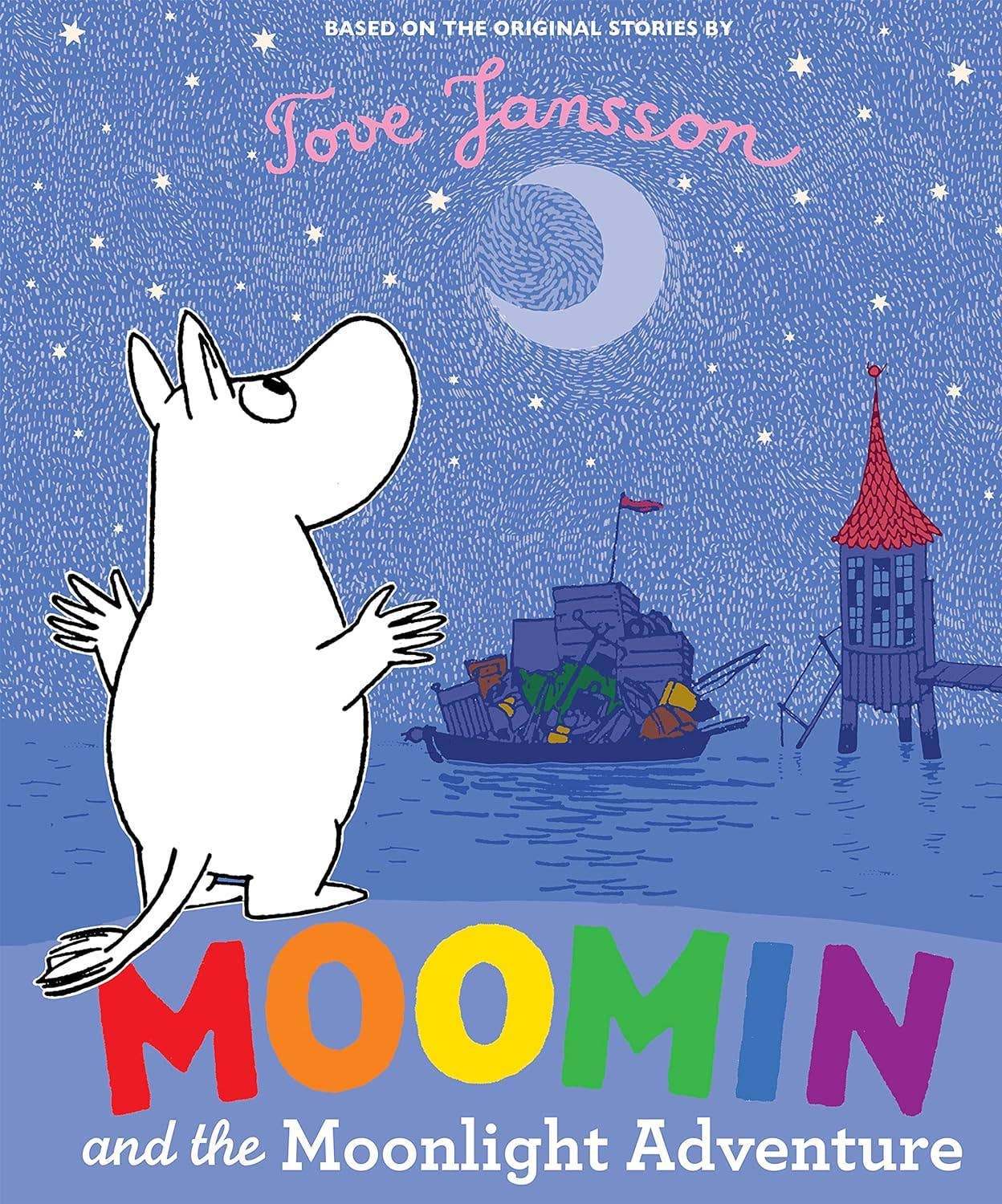 A white Moomin gazes at the moon over water, with a boat and buildings behind. Text: Book: Moomin and the Moonlight Adventure by Tove Jansson—a magical childrens picture book moment.