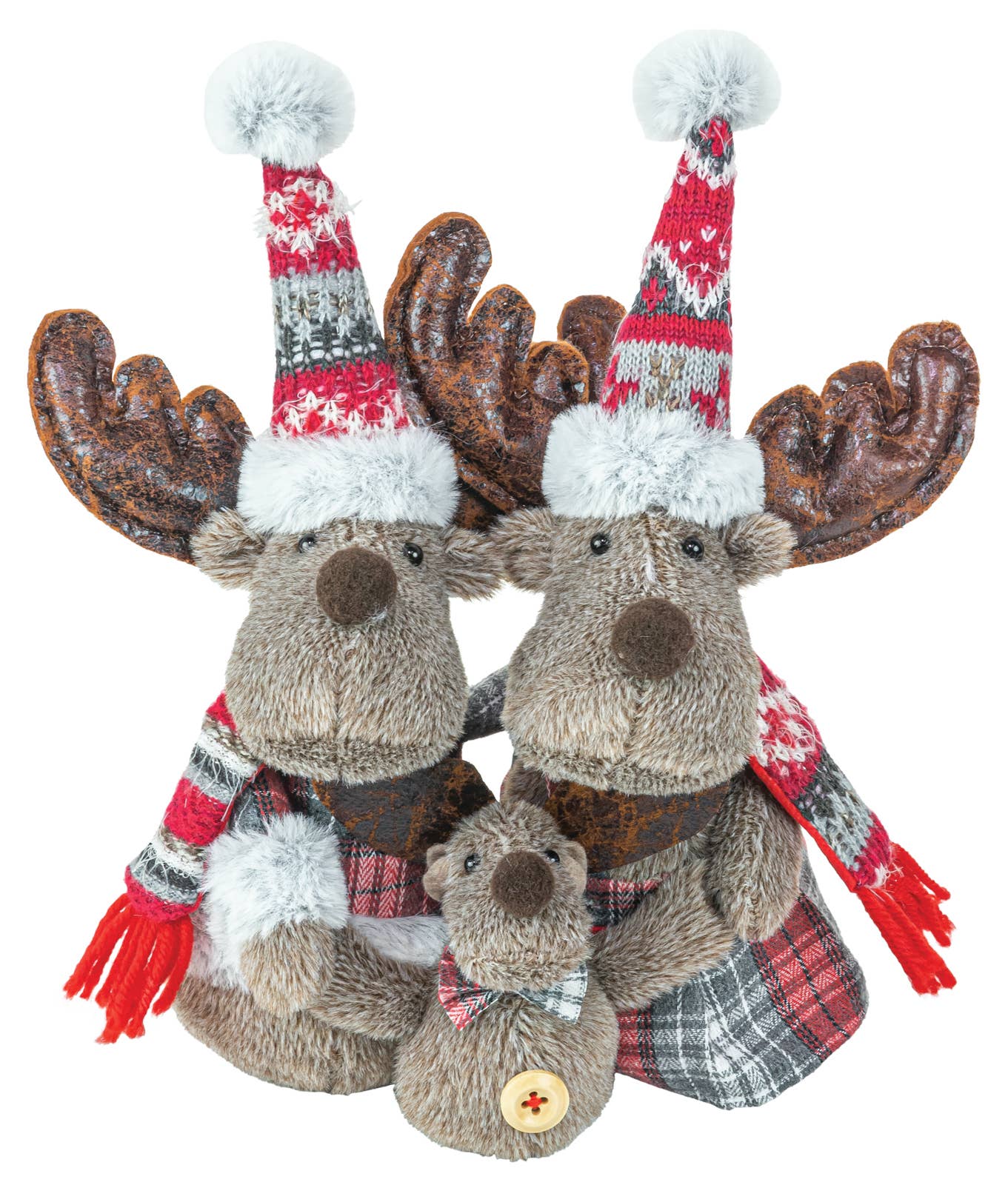 The Gnome: Moose Family in Holiday Outfits features Mom, Dad, and Baby hugging, dressed in festive plaid and knit—perfect rustic Christmas décor for your home.
