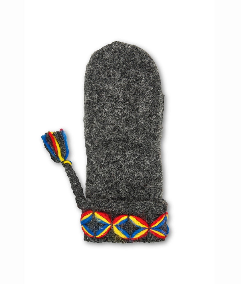 The Kangos Knit Mitten in dark grey features colorful embroidery, a braided tassel, and a cozy fleece lining for added warmth.