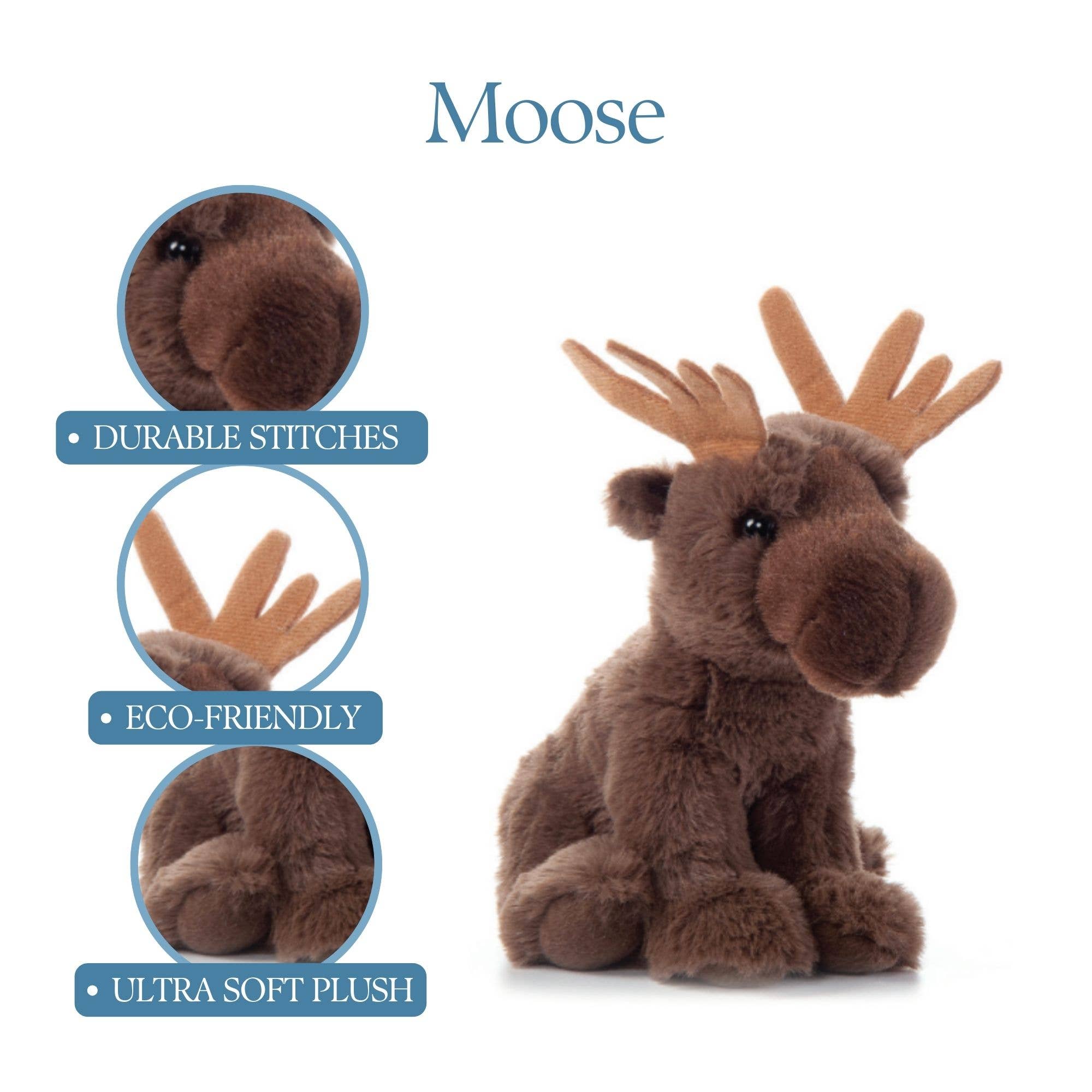The Plush: Moose 9 Tall Stuffed Animal Wild Onez features brown fur, tan antlers, ultra soft plush from recycled materials, and durable stitching, as shown in close-up images.