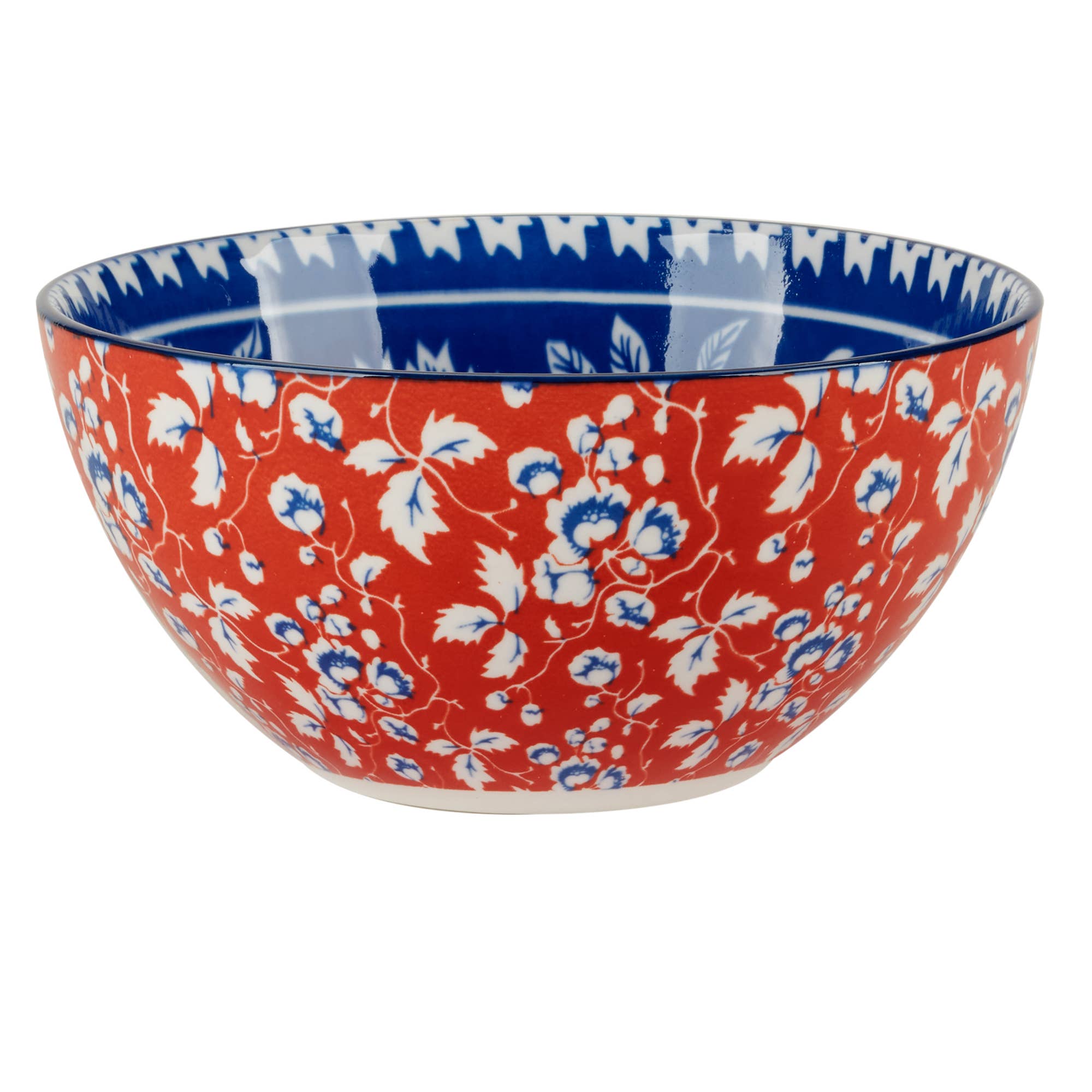 The Bowls: Multi-Color Patterned Porcelain All Purpose Bowl 6.25in 6 features a red exterior with white and blue floral designs, a blue interior rimmed with a white zigzag—ideal for everyday use.