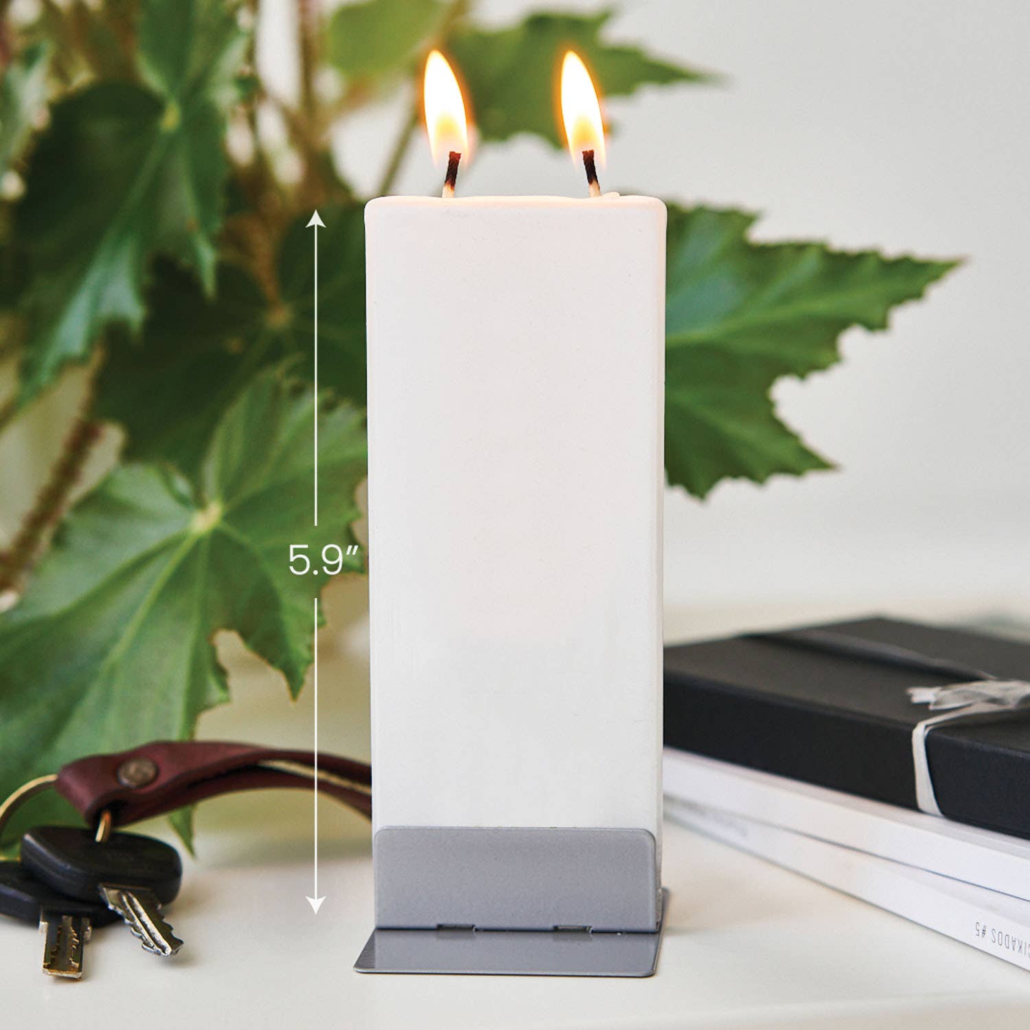 A Moose by the Lake - Flat Candle, a rectangular white candle with twin wicks and standing 5.9 inches tall, is elegantly showcased on a gray base with green leaves and books in the background.