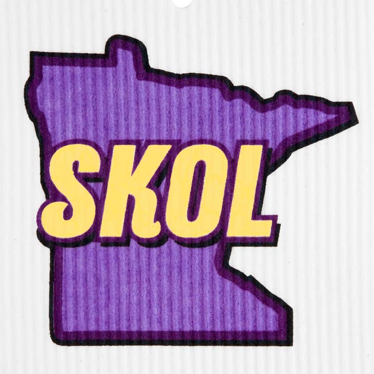 A dish cloth featuring a purple outline of Minnesota with "SKOL" in bold yellow capital letters across the state, capturing the lively essence of this SKOL from Minnesota dish cloth.