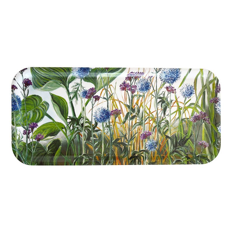 Rectangular tray featuring blue and purple flowers, designed by Anne Just for Koustrupco. Made of birch veneer, measuring 32x15 cm.