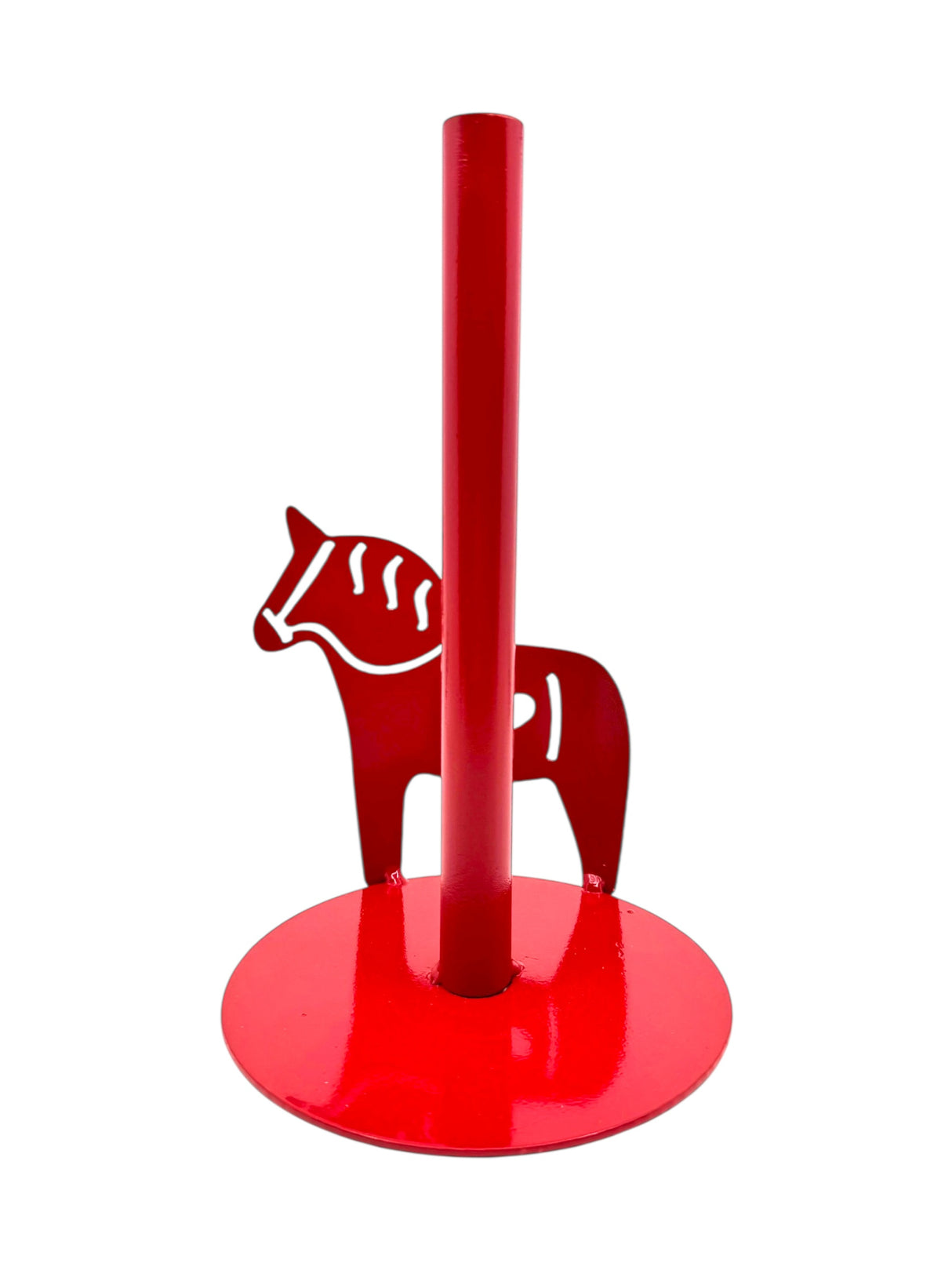 The Red Dala Horse Paper Towel Holder is handcrafted from laser-cut metal and features a vertical pole with a horse-shaped cutout base, adding Scandinavian charm to your Swedish kitchen decor.
