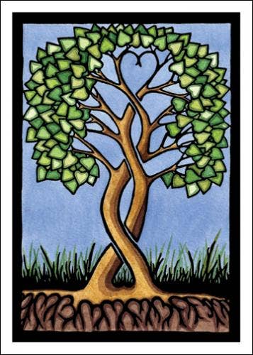 Two intertwined trees form a heart at the top against a blue sky and grass, with roots below. This 5x7 Together Forever Tree card by Sarah Angst is proudly Made in America.