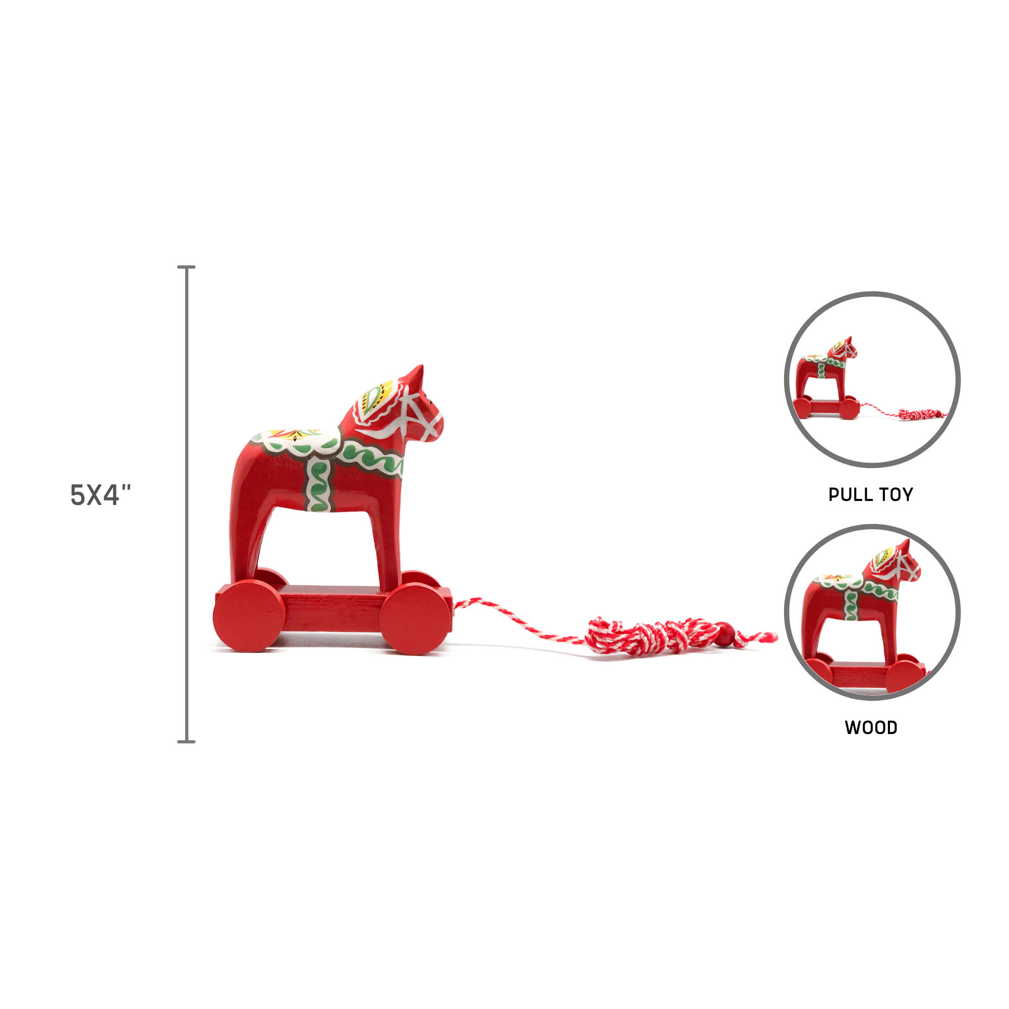 This delightful Swedish Horse themed pull toy, known as the Dala Horse, is a wooden masterpiece in charming red, measuring 5x4. It showcases European craftsmanship with its intricate floral patterns and is mounted on wheels to encapsulate the essence of Scandinavian charm.