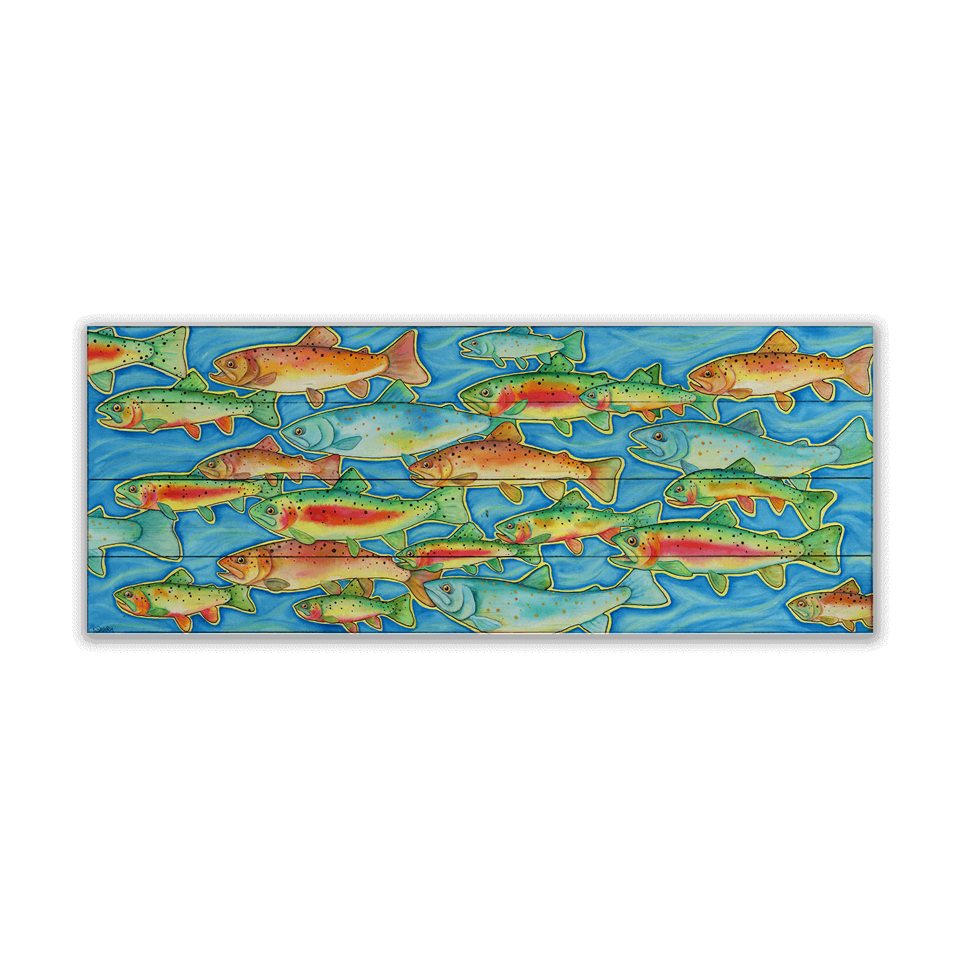 Rush Hour - Wood Art (36" x 14") features vibrant trout swimming in overlapping patterns on blue water—a striking wall decor piece, ideal for adding unique river-inspired art to your space.