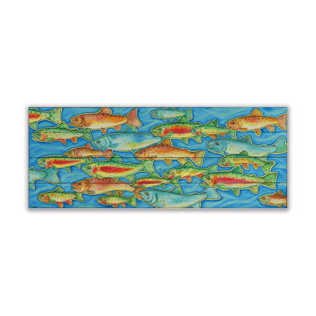 Rush Hour - Wood Art (36" x 14") features vibrant trout swimming in overlapping patterns on blue water—a striking wall decor piece, ideal for adding unique river-inspired art to your space.
