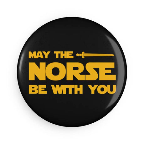 Round black magnet featuring yellow text that reads "May the Norse Be With You" and includes a sword graphic.