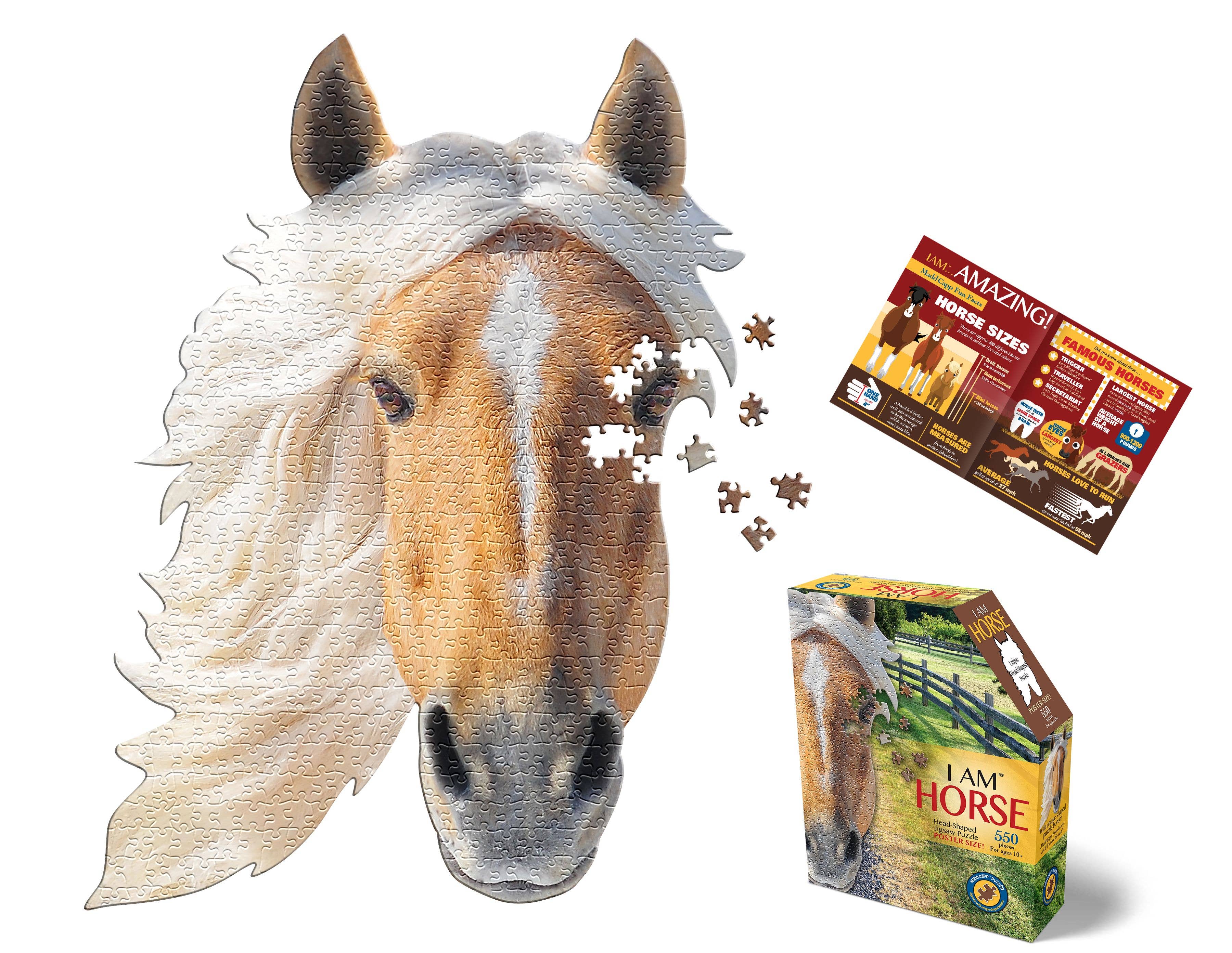 A partially assembled 550-piece horse-shaped jigsaw puzzle comes with a box labeled "Puzzle: I AM Horse" and includes an educational sheet filled with fascinating horse facts.