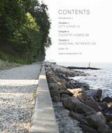 A gravel path along a rocky shore by calm water in natural light; text overlay lists contents and chapters of Book: Scandinavian Home Interiors Inspired by Light by Niki Brantmark.