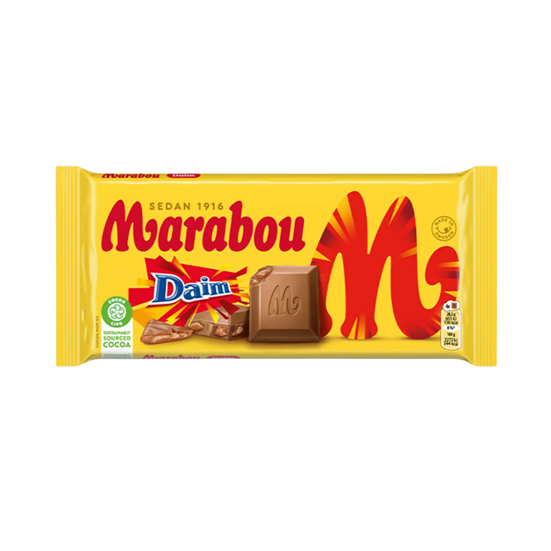 The Marabou Daim 200g Bar features classic yellow packaging with images of Swedish Daim and smooth milk chocolate pieces on the front.