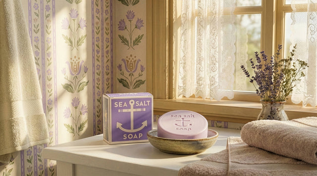 A bar of Sea Salt Lavender Swedish Dream Bar Soap – Triple Milled Natural Lavender 4 oz and its box rest in a bowl on a towel near a window with lace curtains, in a floral-wallpapered bathroom with lavender sprigs.