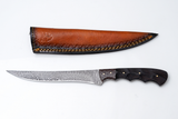 Knife with a patterned Damascus steel blade, dark handle, and brown leather sheath featuring decorative stitching.