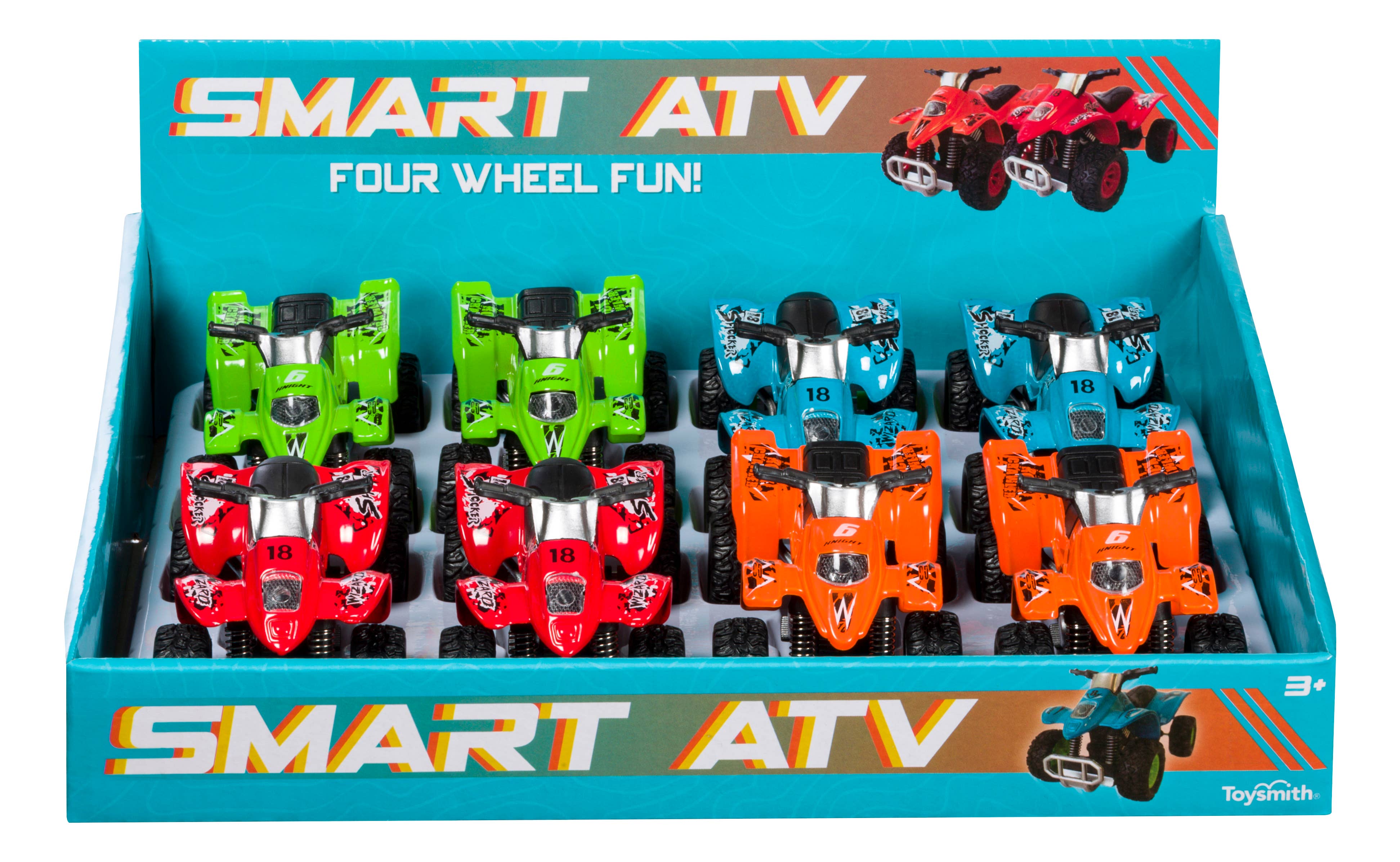 The packaging for the Toy: Smart ATV Pull Back Toy Ages 5+ presents a lively box containing four vehicles in each of the colors red, green, blue, and orange. Made from diecast metal, the box prominently features the words "SMART ATV" and "FOUR WHEEL FUN!